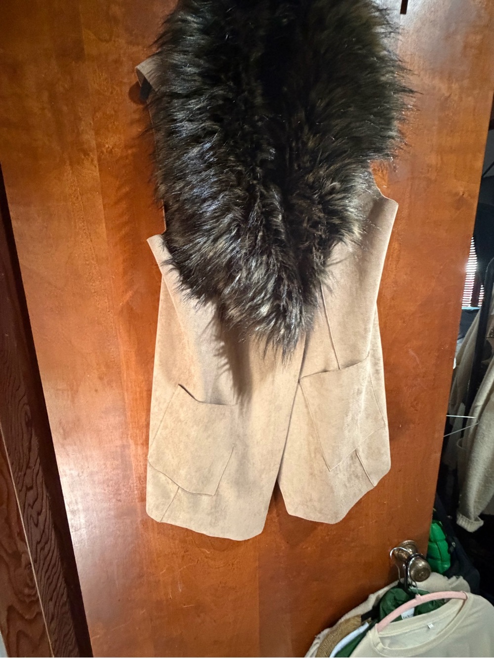 Faux Fur Trim Tan Vest for Women - Sleeveless Coatigan